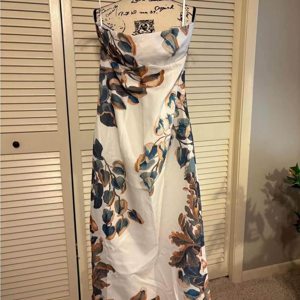Commense Strapless Dress with Blue and Brown Floral Design